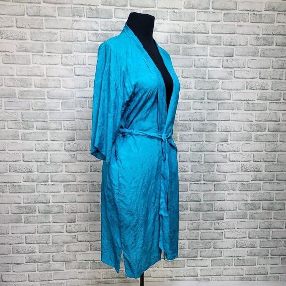 Vintage 80s Dynasty Turquoise Silk Embossed Textured Design Kimono Robe - Picture 5 of 7